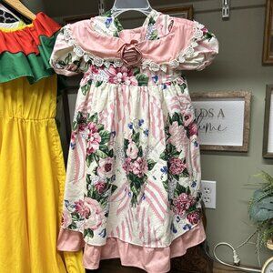 Vintage Girls Dress Sz5 Floral Garden Coquette Victorian Jinelle Cotton Pink Now